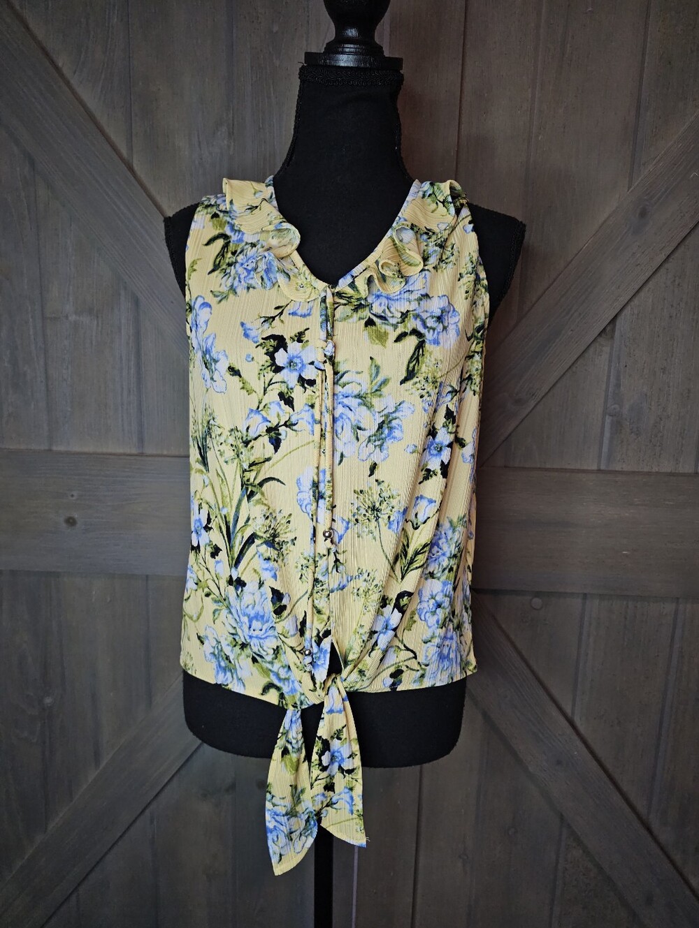 Emaline Petite PM Yellow Floral Ruffle Neck Tie Front Sleeveless Blouse